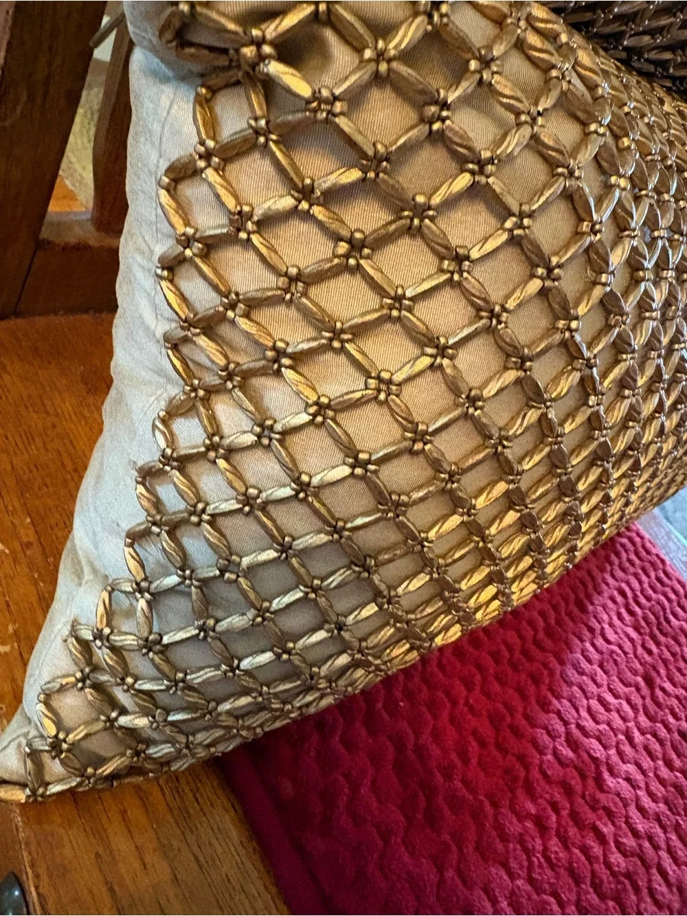 Pair Pier 1 Imports Gold Beaded Lattice Lumbar Accent Throw Pillows 16x12 EUC